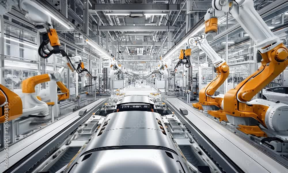 Poster automated car assembly line robots factory production