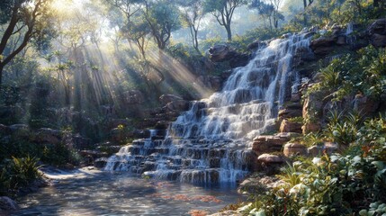 Fototapeta premium Serene Waterfall in a Lush Forest with Sunlight Streaming Through Greenery