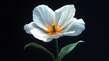 Fototapeta premium Soft light illuminates single white tulip against dark background. AI Generated
