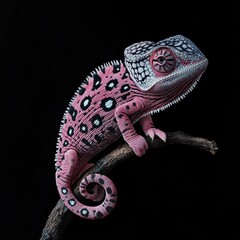 Fototapeta premium Pink chameleon studio shot, branch, black background, reptile pet (1)