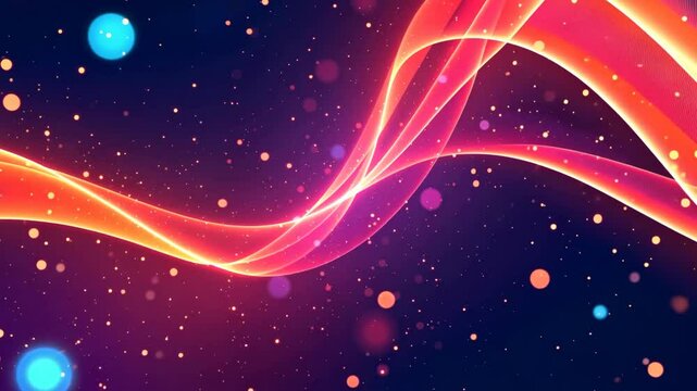 A purple and orange wave with many small dots in the background. The dots are of different sizes and colors