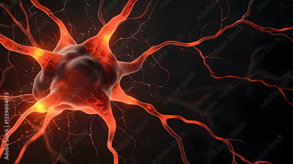 Poster the image shows a stylized rendering of a neuron, a nerve cell, with its branching axons and dendrit