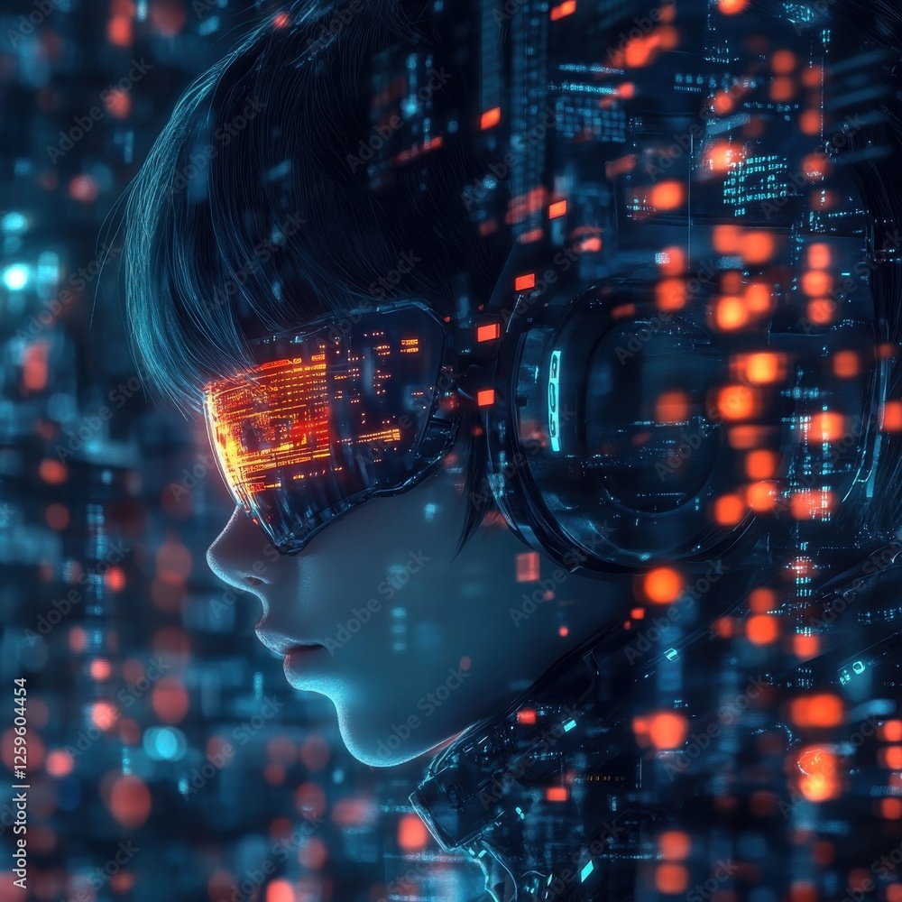 Aufkleber futuristic sci-fi character with augmented reality visor surrounded by neon data streams and digital