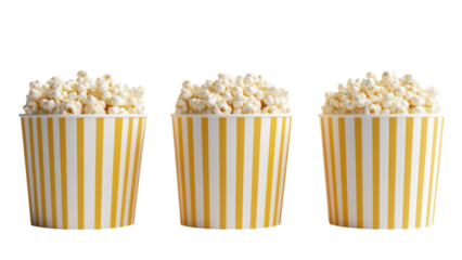 Cartoon popcorn buckets, vibrant yellow and white stripes, playful design, transparent background, perfect for digital projects and fun themes
