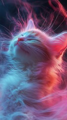 Neon Dreams, A Serene Feline Floating in a Colorful Cloud of Light