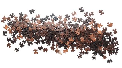 Brown puzzle pieces arranged in a scattered layout, transparent background, ideal for design projects or educational materials