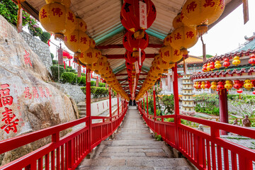 Staircase decorated for Chinese New Year in the Kek Lok Si Temple, Penang, Georgetown