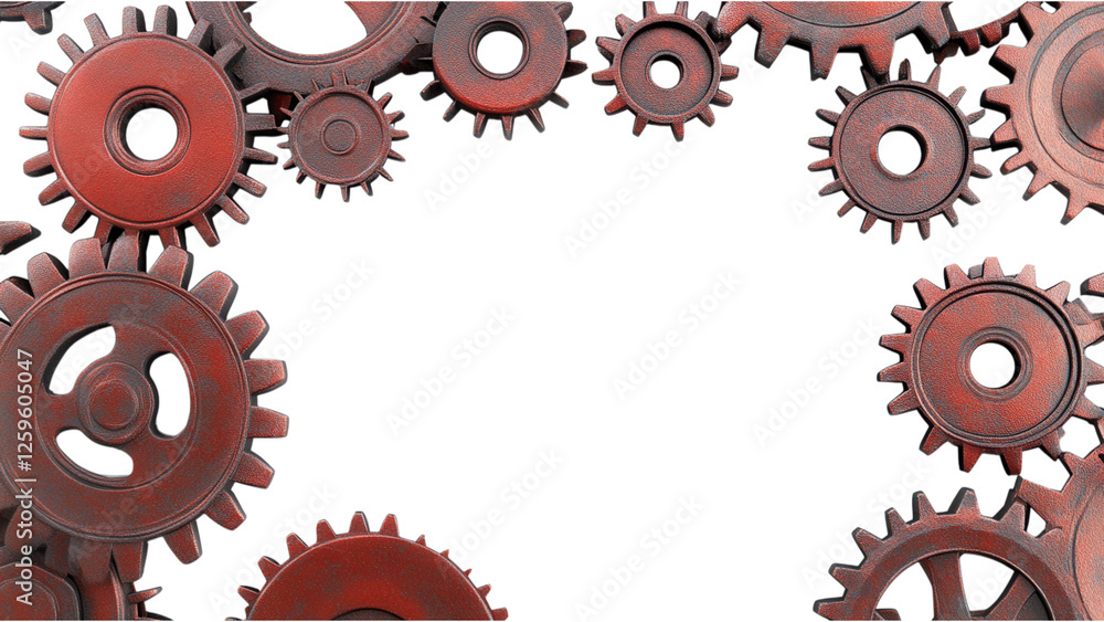 Poster industrial red metallic cogs scattered randomly, featuring a transparent background for versatile de