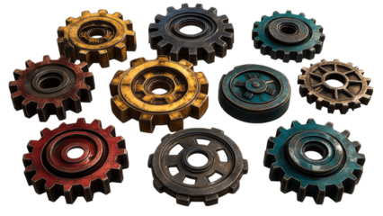 Colorful Industrial Cogs on Transparent Background, vibrant metallic finishes, scattered design, ideal for creative projects and digital art