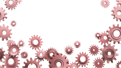 Industrial pink metallic cogs scattered across a transparent background, showcasing intricate designs and vibrant colors.