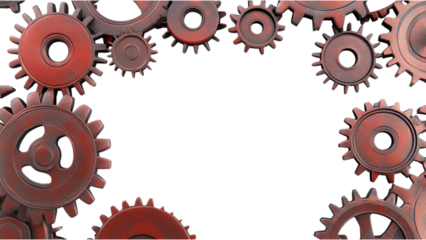 Industrial red metallic cogs scattered randomly, featuring a transparent background for versatile design applications