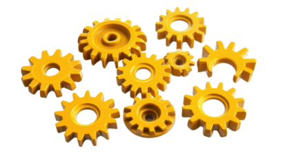 Industrial yellow cogs scattered on a transparent background, versatile graphic element for design projects, enhancing mechanical themes.