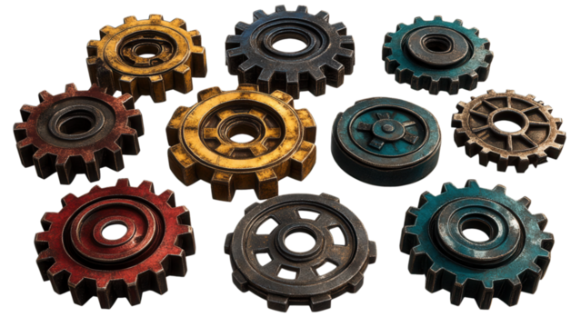 Colorful Industrial Cogs on Transparent Background, vibrant metallic finishes, scattered design, ideal for creative projects and digital art - Powered by Adobe