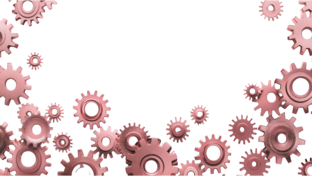 Industrial pink metallic cogs scattered across a transparent background, showcasing intricate designs and vibrant colors.
