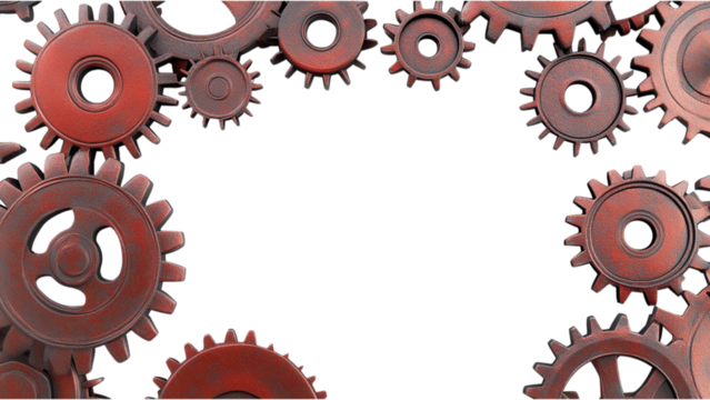 Industrial red metallic cogs scattered randomly, featuring a transparent background for versatile design applications - Powered by Adobe