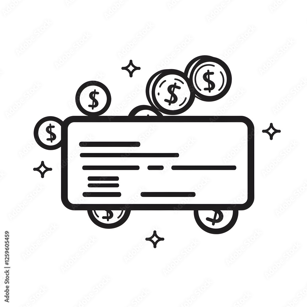 Poster linear icon with coins surrounding a credit card icon for digital transactions