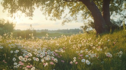 Fototapeta premium Sunset meadow wildflowers summer idyllic nature landscape