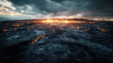 Fototapeta premium Fiery volcanic landscape dramatically lit by sunset hues shows textured lava flows. AI Generated