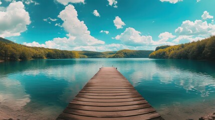 Obraz premium Serene lake, wooden pier, forest backdrop, summer day, peaceful scene
