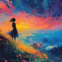 Emotional Landscape with Silhouette of a Girl at Sunset Overlooking Radiant Horizon and Colorful Sky with Brushstroke Effects