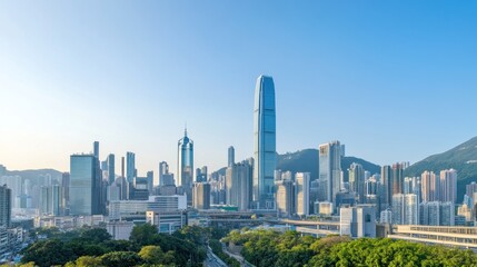 Fototapeta premium Hong Kong Skyline at Sunrise: A Modern Metropolis in Clear Blue Sky