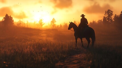Cowboy riding a horse silhouetted against colorful twilight glow