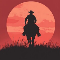 Cowboy riding a horse silhouetted against deep rustic sunset