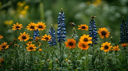 Dreamy summer scene with small colorful flowers and a tiny bee in sharp focus against a softly blurred background of lush greenery