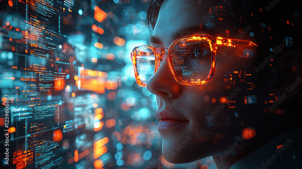 Poster corporate executive utilizes deepfake avatars for multiple virtual meetings simultaneously, showcasi
