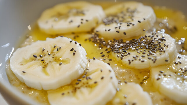 of a bowl of oatmeal topped with banana slices, chia seeds, and a drizzle of honey 