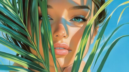 Fototapeta premium beauty woman with her face partially covered by palm leaves, posing for an advertising photo of skincare and beauty products on a blue background. The focus is on the model's flawless skin