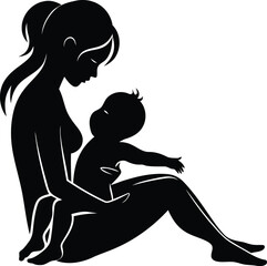 Beautiful Mother and Baby Care silhouette vector art, Mother and Baby Care line art vector, Mother and Baby Care vector icon illustration