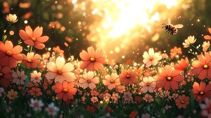 Warm golden sunlight shining over a fairy garden as a delicate bee gathers nectar from colorful blossoms creating a magical summer atmosphere