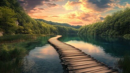 Serene sunset path across lake in lush forest