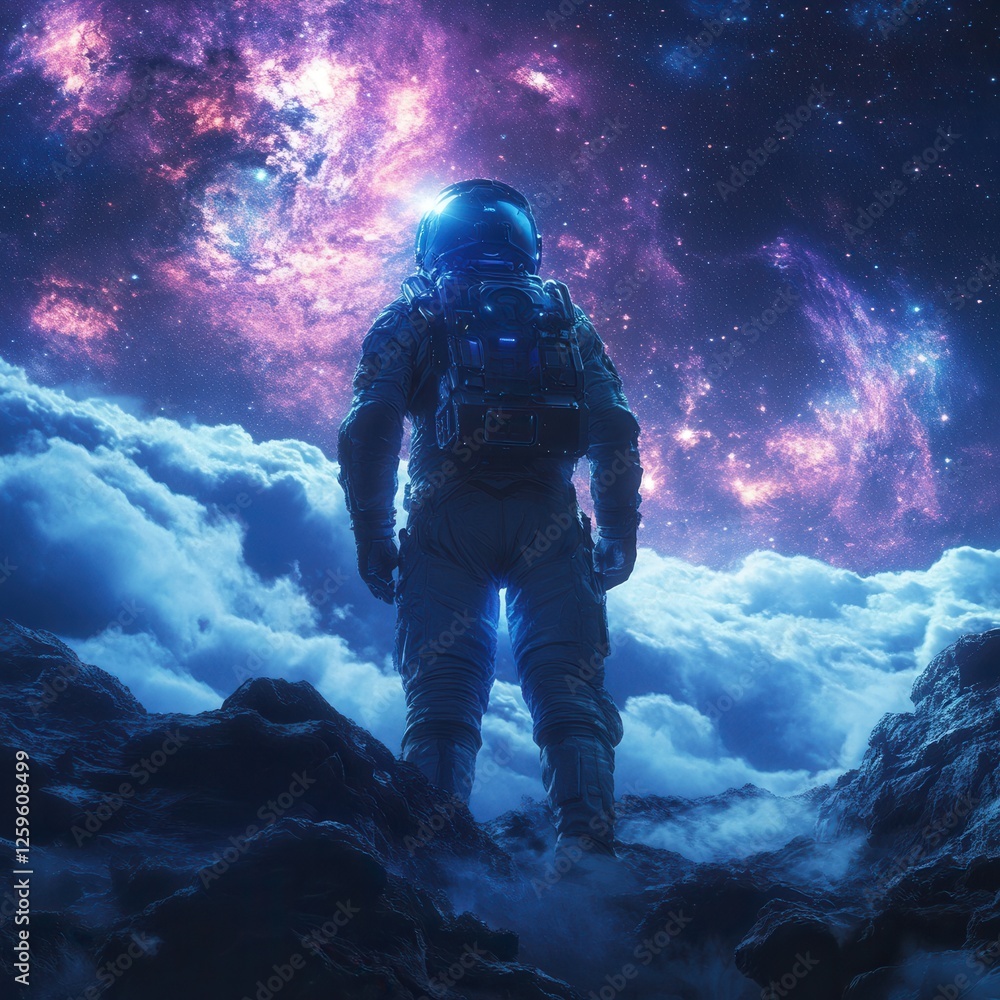 Poster astronaut exploring cosmic nebula in vibrant galaxy with colorful stars and ethereal clouds in depth