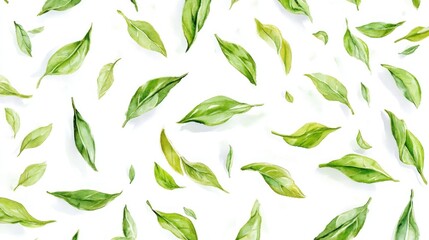 Falling green leaves, white background, nature pattern, website design