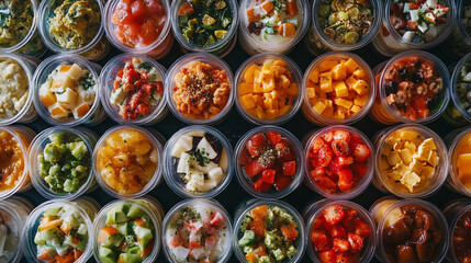 Fototapeta premium Assorted Colorful Delicious Fruit Salad Cups Healthy Snack Variety Food Meal Treat Fresh Sweet Yummy