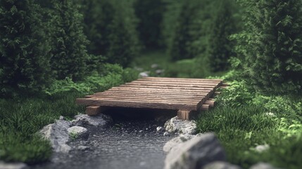 Tranquil Wooden Bridge Over Stream in Lush Green Forest Surrounded by Natural Serenity and Wilderness