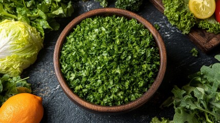A bowl of finely chopped green herbs surrounded by fresh vegetables and fruits.
