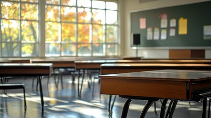 Empty classroom desks autumn sunlit window