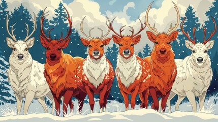 A colorful illustration of deer in a snowy forest setting.