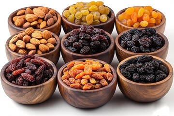 Assortment of Dried Fruits in Wooden Bowls