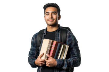 Confident young male student wearing denim jacket holding books isolated on white or transparent, PNG