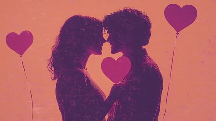 A joyful Caucasian couple embracing closely while holding red heart-shaped balloons against a dreamy coral background with soft romantic lighting ultra-realistic 4K resolution cinematic composition