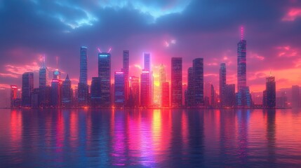 Fototapeta premium Neon Cityscape Sunset Reflection, Waterfront, Digital Art
