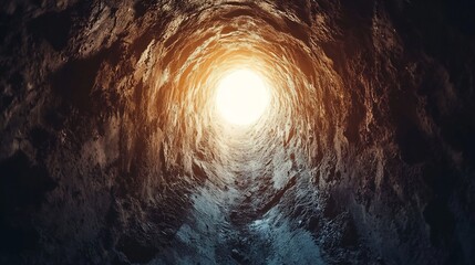 Hopeful light illuminates dark cave tunnel. AI Generated
