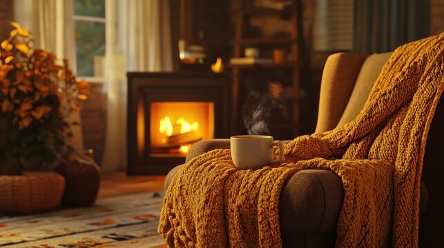 Cozy autumn evening by fireplace, warm drink, home comfort