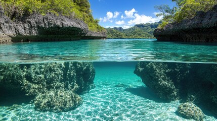 Obraz premium Serene underwater view of a tropical lagoon with crystal-clear water and lush greenery