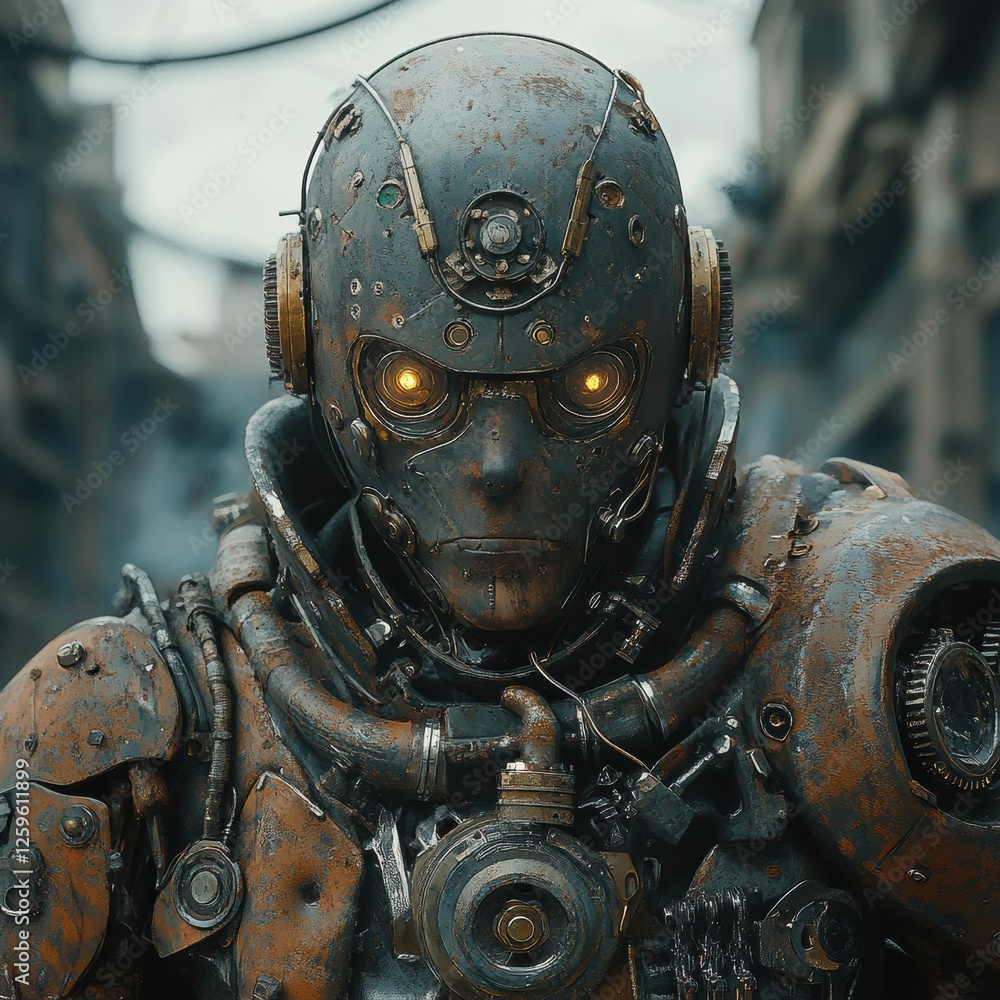 Poster futuristic robot character with intense metallic finish and intricate details in an urban environmen