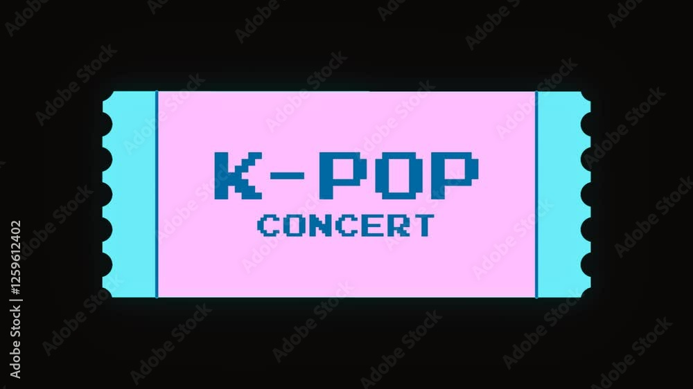 Poster animated k-pop concert ticket icon with digital pixel scan effect. alpha channel
